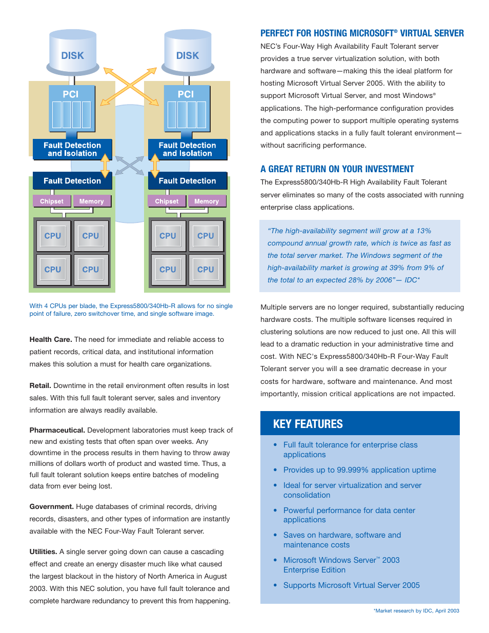 Key features, Perfect for hosting microsoft, Virtual server | A great return on your investment | NEC Express5800/340Hb-R User Manual | Page 3 / 4