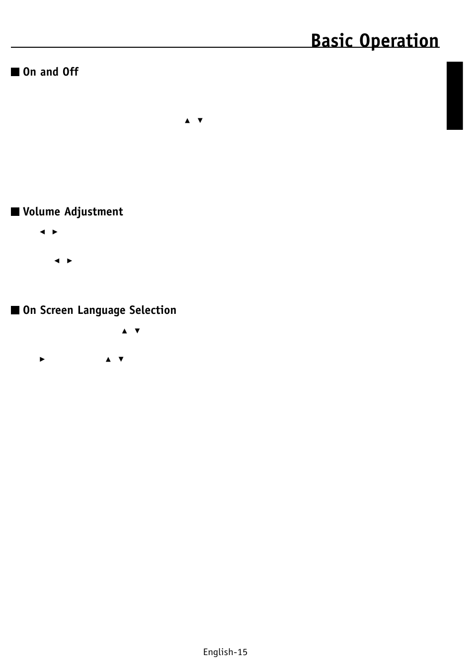 Basic operation, On and off, Volume adjustment | On screen language selection, English english-15 | NEC PV32 User Manual | Page 19 / 60