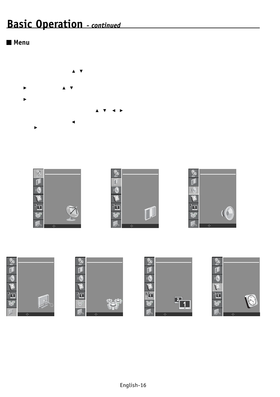 Basic operation, Continued menu, English-16 | NEC PV32 User Manual | Page 20 / 60