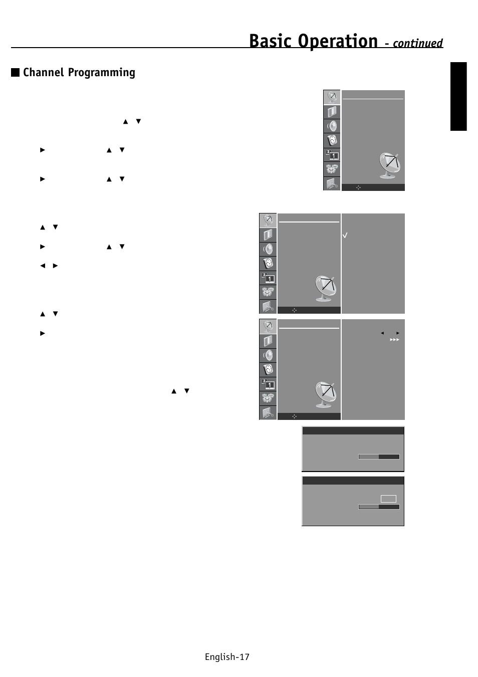 Basic operation, Continued channel programming, English english-17 | NEC PV32 User Manual | Page 21 / 60