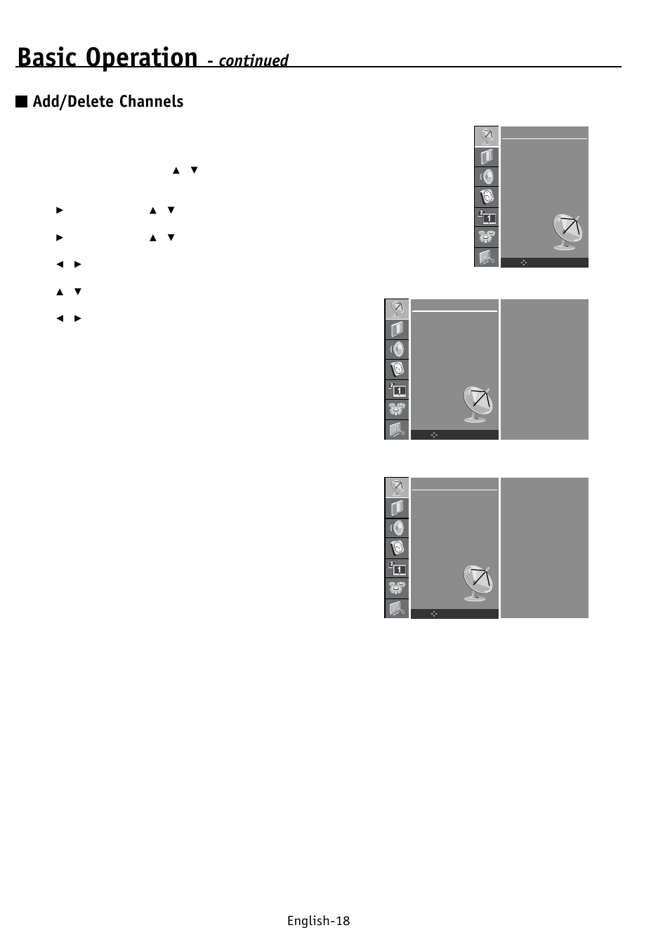 Basic operation, Continued add/delete channels, English-18 | NEC PV32 User Manual | Page 22 / 60