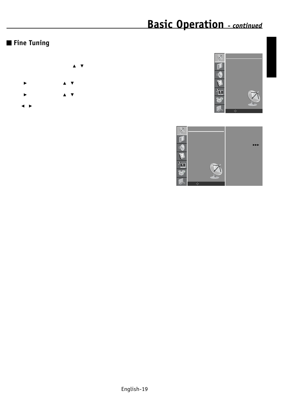 Basic operation, Continued fine tuning, English english-19 | NEC PV32 User Manual | Page 23 / 60