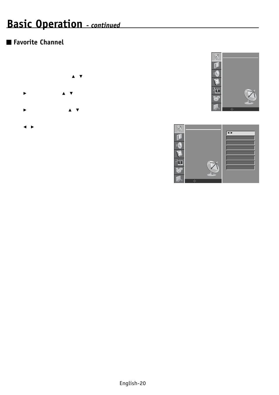 Basic operation, Continued favorite channel, English-20 | NEC PV32 User Manual | Page 24 / 60