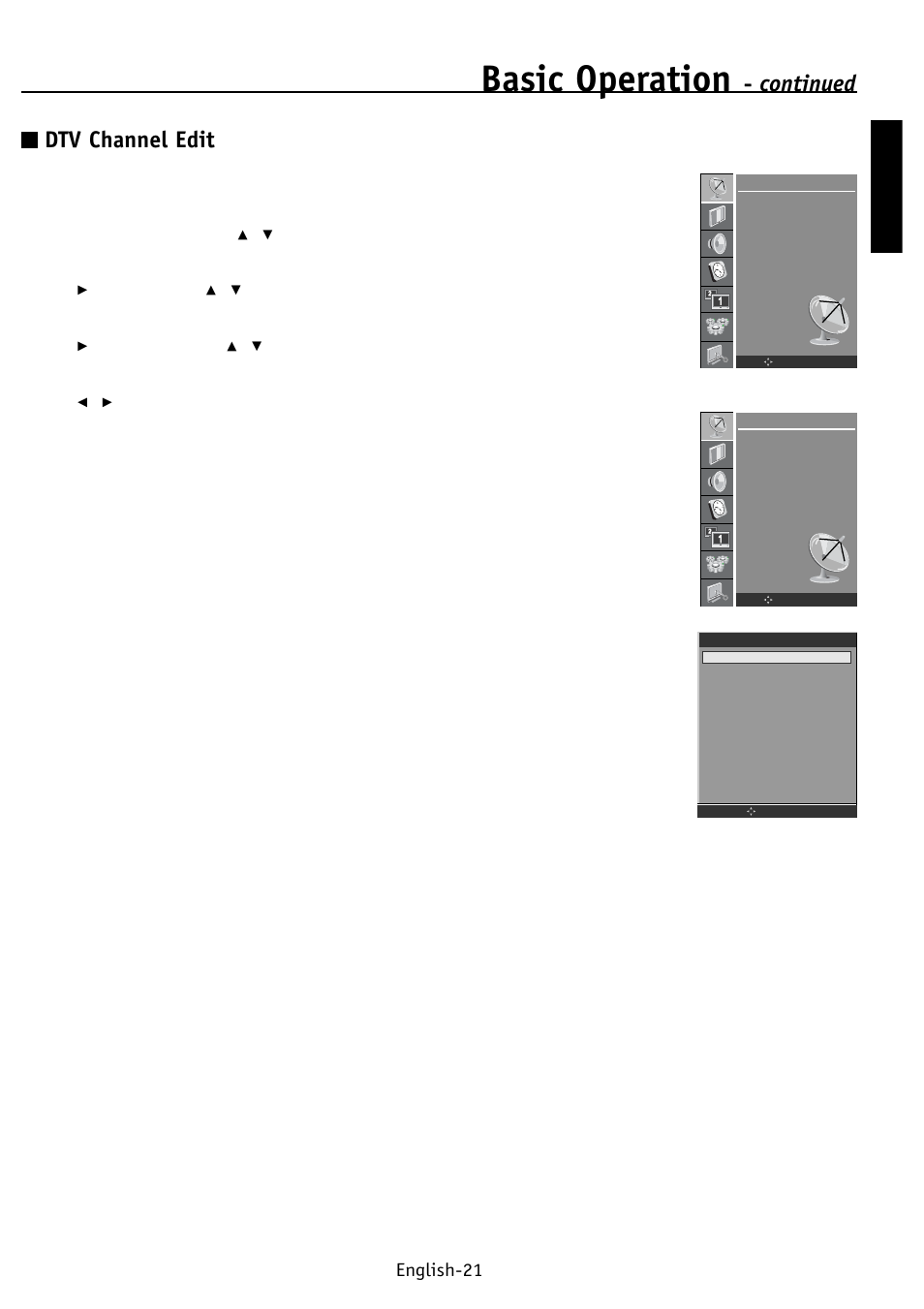 Basic operation, Continued, Dtv channel edit | English english-21 | NEC PV32 User Manual | Page 25 / 60