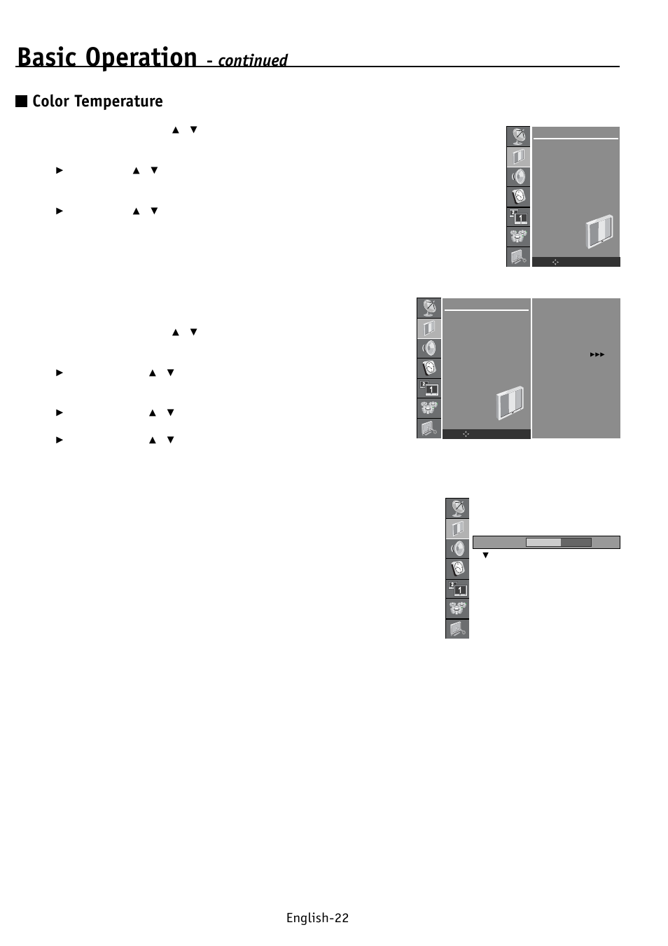 Basic operation, Continued, Color temperature | English-22 | NEC PV32 User Manual | Page 26 / 60