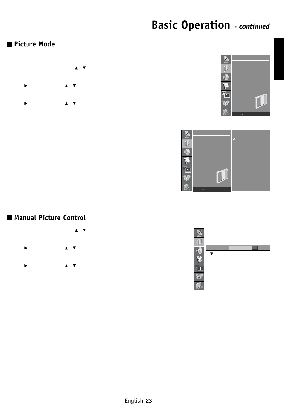 Basic operation, Continued picture mode, Manual picture control | English english-23 | NEC PV32 User Manual | Page 27 / 60