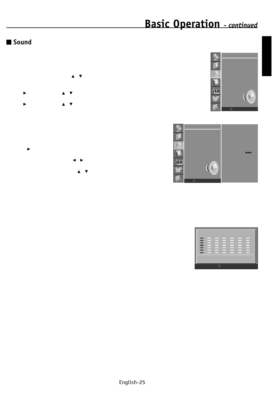 Basic operation, Continued sound, English english-25 | NEC PV32 User Manual | Page 29 / 60