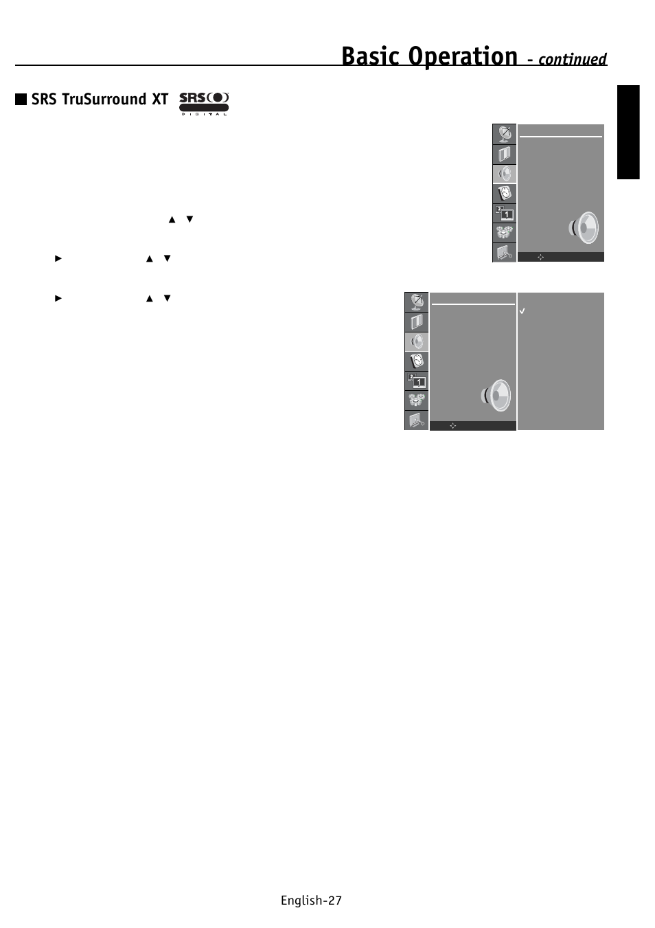 Basic operation, Continued srs trusurround xt, English english-27 | NEC PV32 User Manual | Page 31 / 60