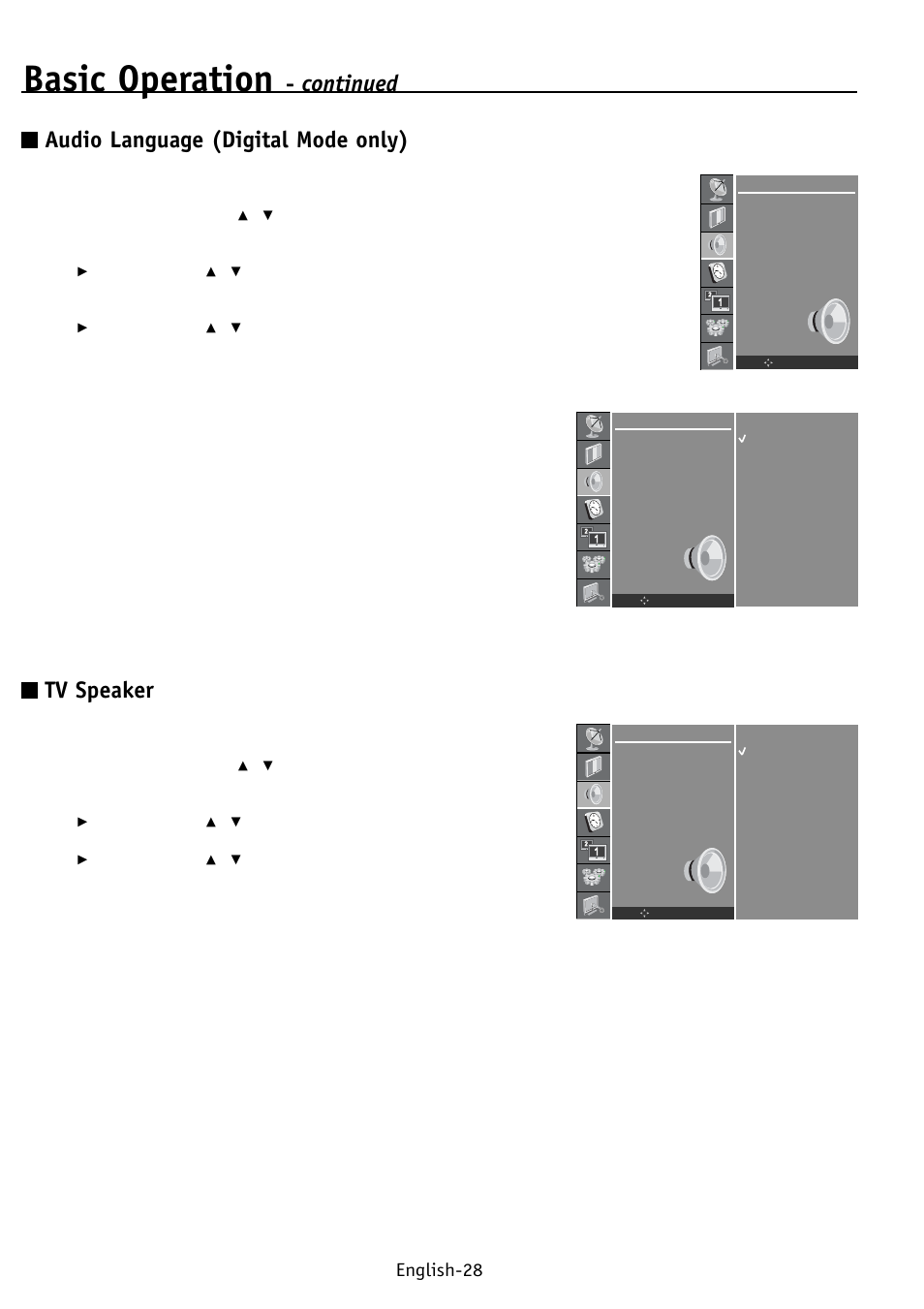 Basic operation, Continued, Audio language (digital mode only) | Tv speaker, English-28 | NEC PV32 User Manual | Page 32 / 60