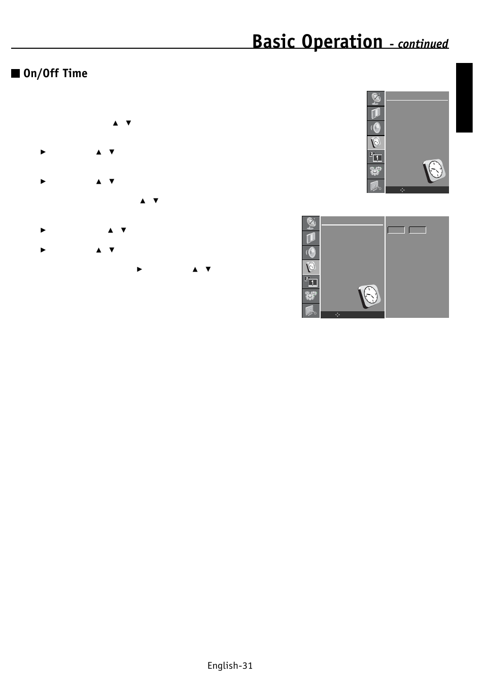 Basic operation, Continued, On/off time | English english-31 | NEC PV32 User Manual | Page 35 / 60