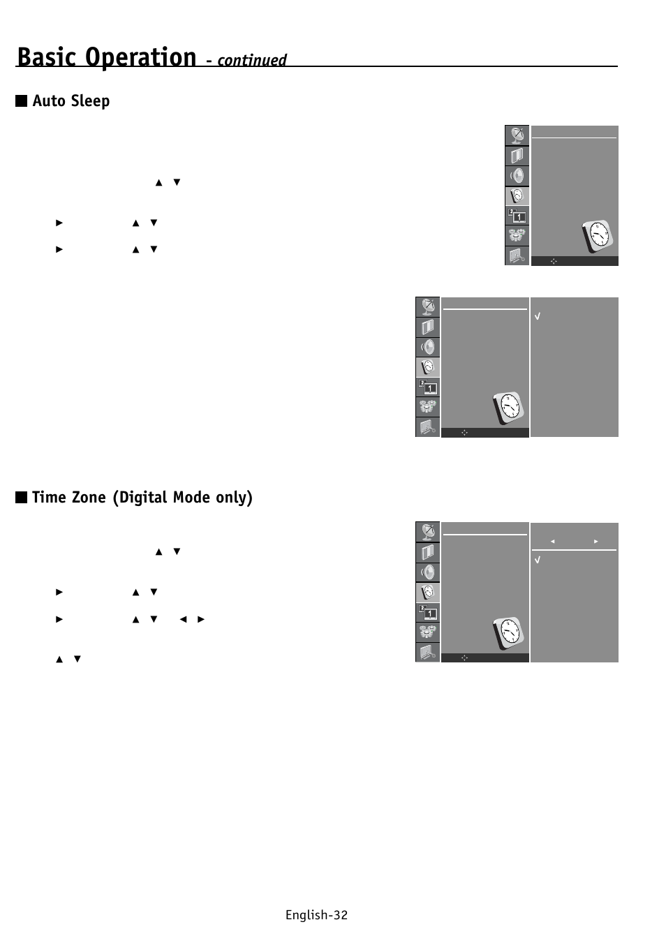 Basic operation, Continued, Auto sleep | Time zone (digital mode only), English-32 | NEC PV32 User Manual | Page 36 / 60