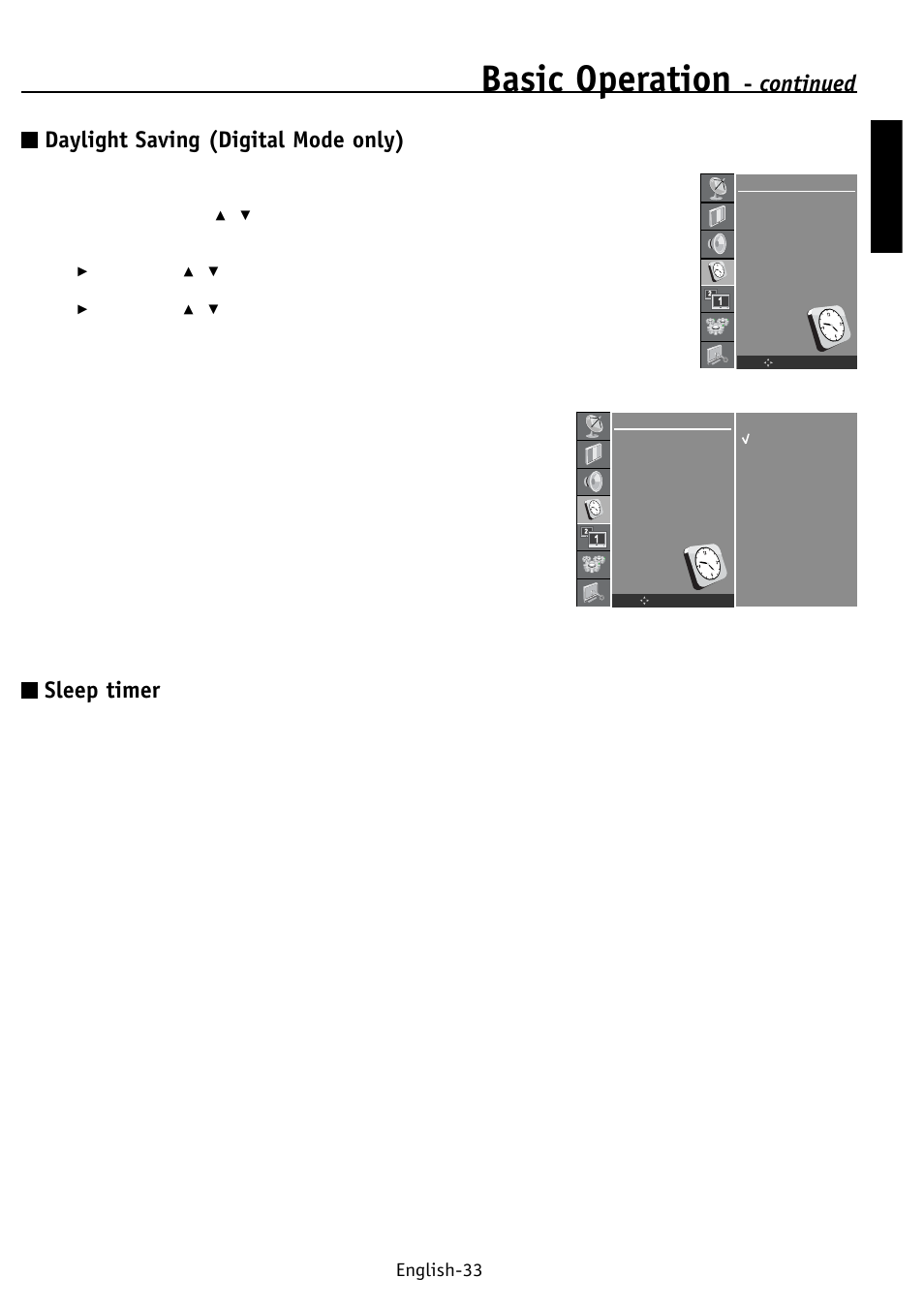 Basic operation, Continued daylight saving (digital mode only), Sleep timer | English english-33 | NEC PV32 User Manual | Page 37 / 60