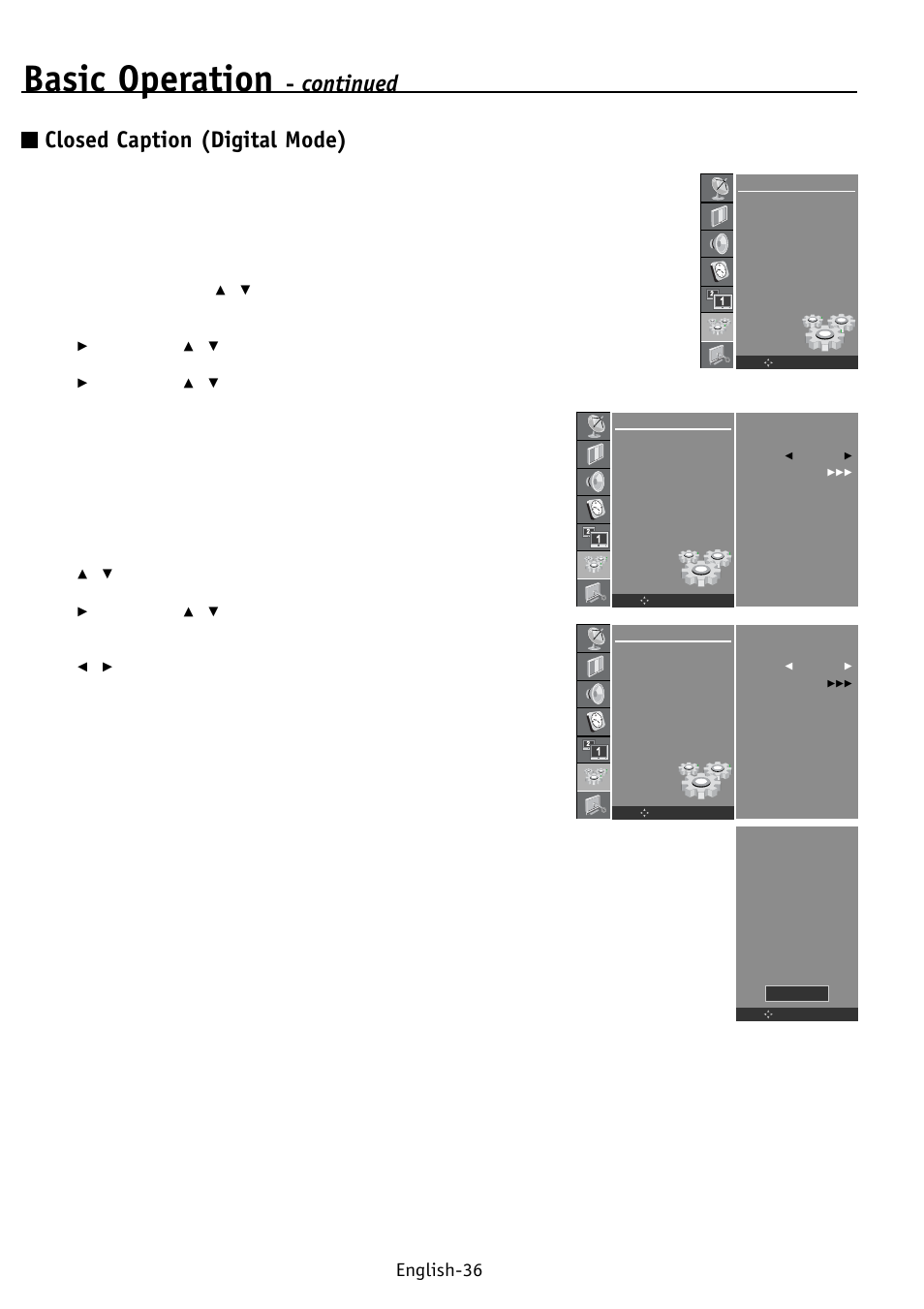 Basic operation, Continued, Closed caption (digital mode) | English-36 | NEC PV32 User Manual | Page 40 / 60
