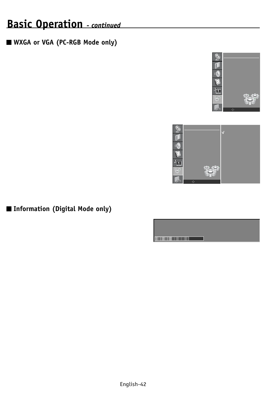 Basic operation, Continued wxga or vga (pc-rgb mode only), Information (digital mode only) | English-42 | NEC PV32 User Manual | Page 46 / 60