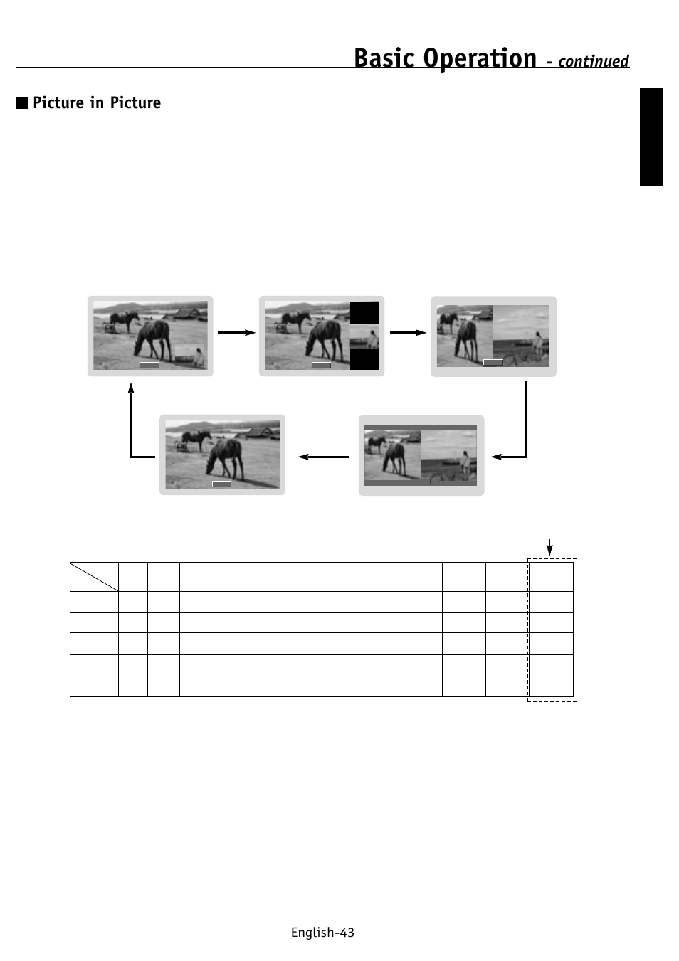 Basic operation, Continued picture in picture, English english-43 | NEC PV32 User Manual | Page 47 / 60