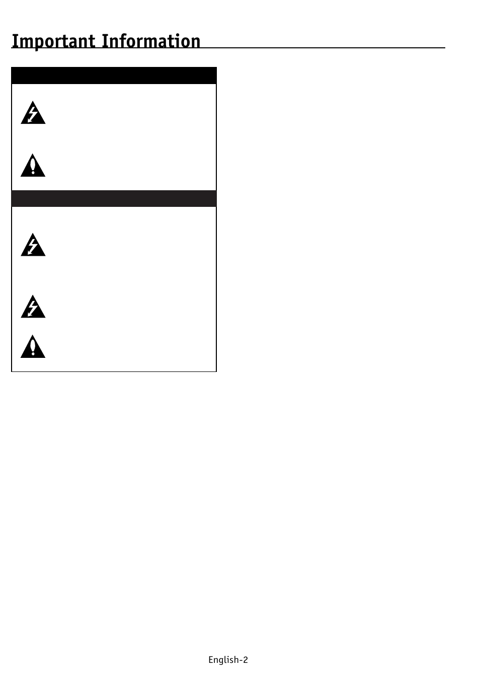 Important information, Warning, Caution | English-2 | NEC PV32 User Manual | Page 6 / 60