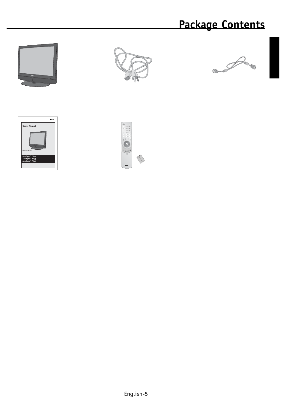 Package contents, English english-5 | NEC PV32 User Manual | Page 9 / 60
