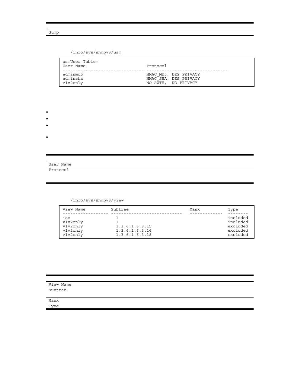 Snmpv3 usm user table information, Snmpv3 view table information | NEC N8406-022A User Manual | Page 33 / 90