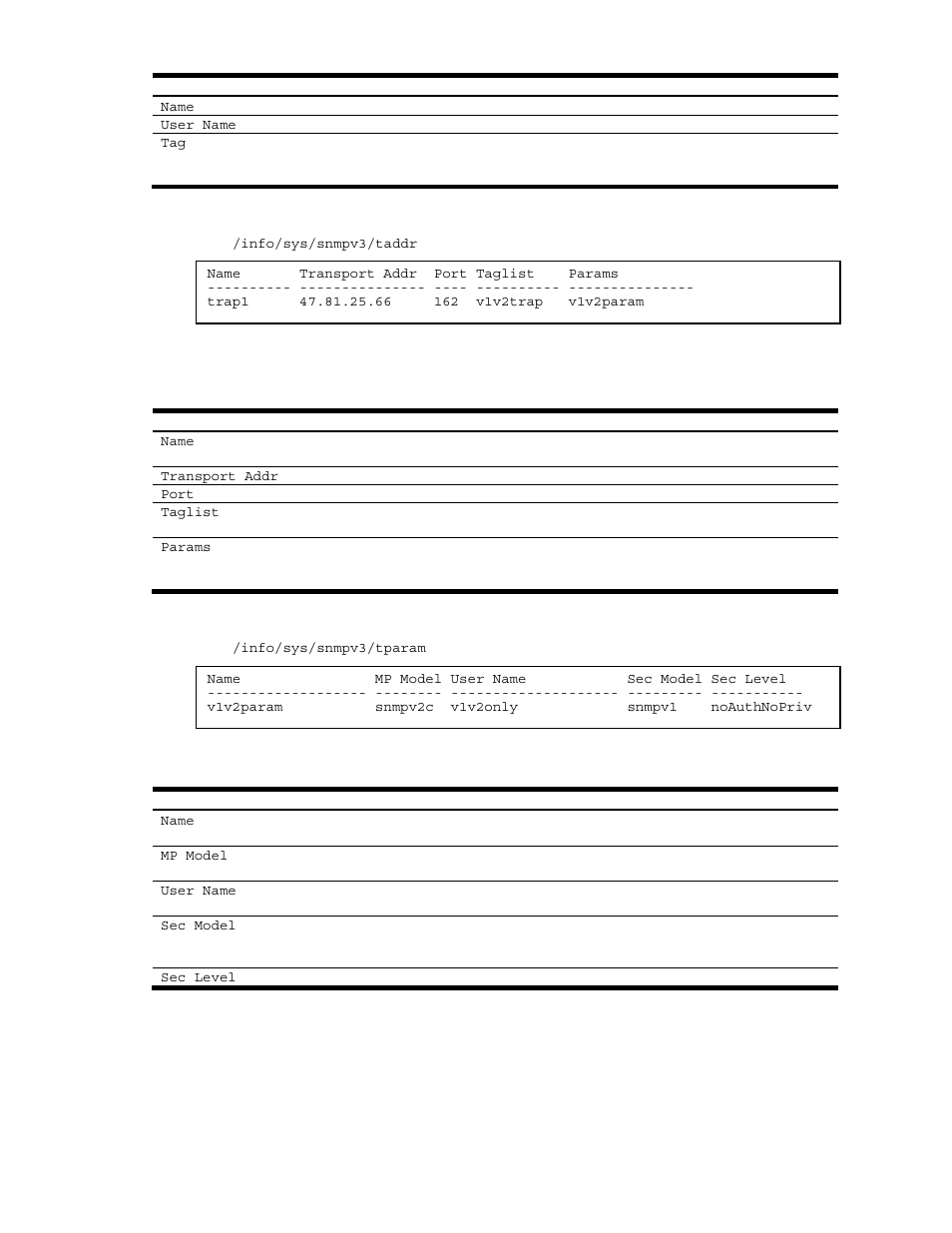 Snmpv3 target address table information, Snmpv3 target parameters table information | NEC N8406-022A User Manual | Page 35 / 90