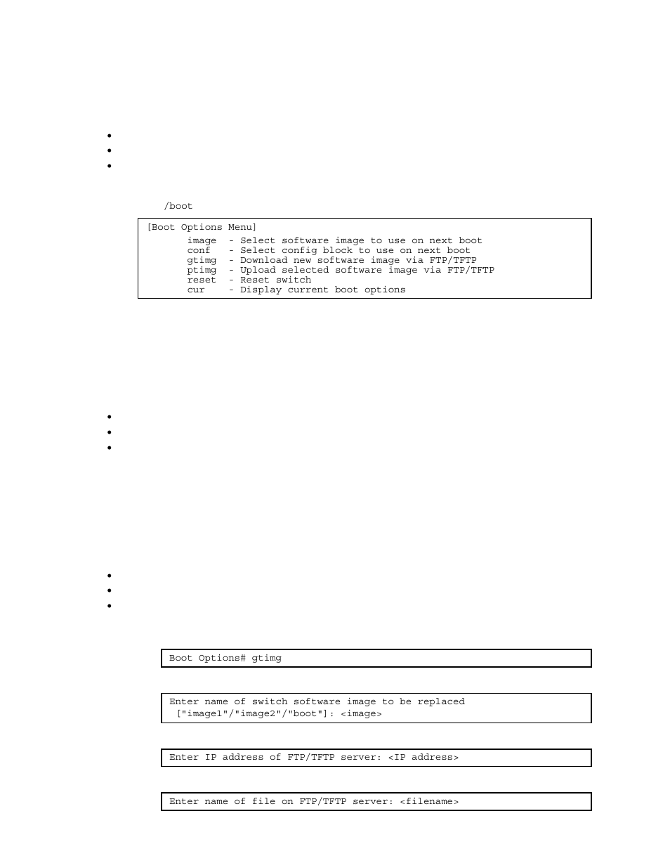 Boot options menu, Introduction, Menu information | Updating the switch software image, Downloading new software to the switch | NEC N8406-022A User Manual | Page 82 / 90