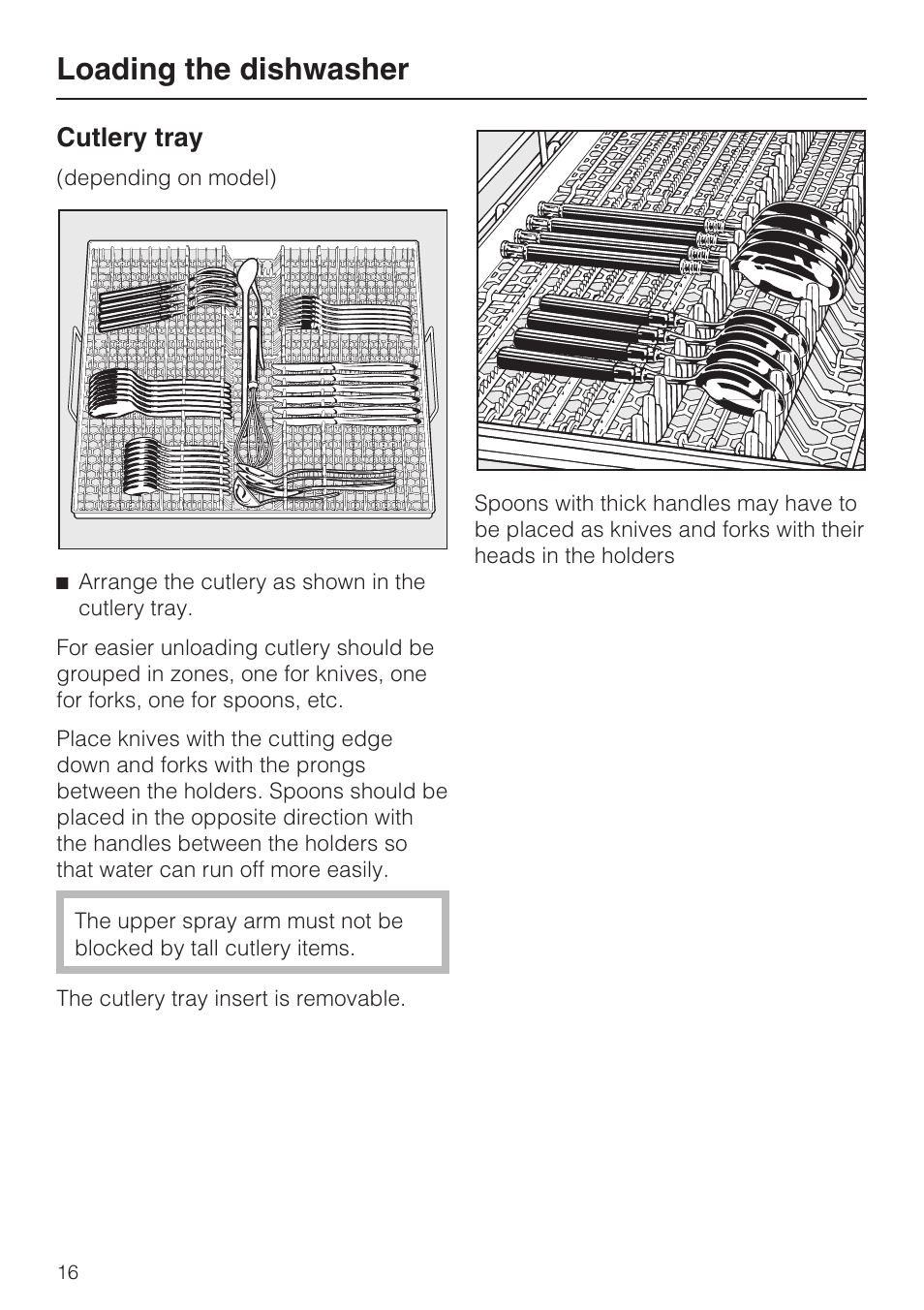 Cutlery tray 16, Cutlery tray, Loading the dishwasher | NEC G 2180 User Manual | Page 16 / 56