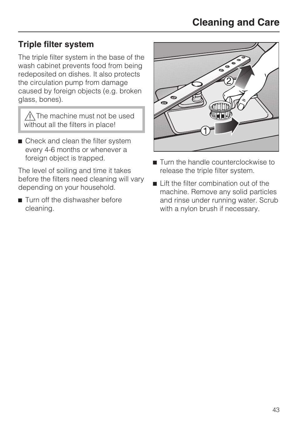 Triple filter system 43, Triple filter system, Cleaning and care | NEC G 2180 User Manual | Page 43 / 56