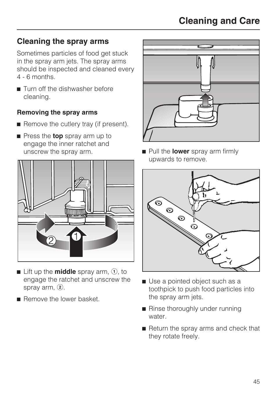 Cleaning the spray arms 45, Cleaning the spray arms, Cleaning and care | NEC G 2180 User Manual | Page 45 / 56