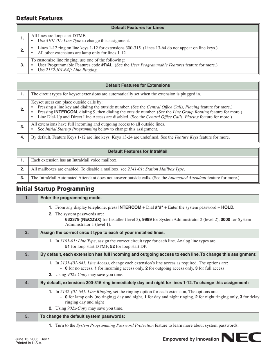 Default features initial startup programming | NEC DSX-160 User Manual | Page 2 / 2