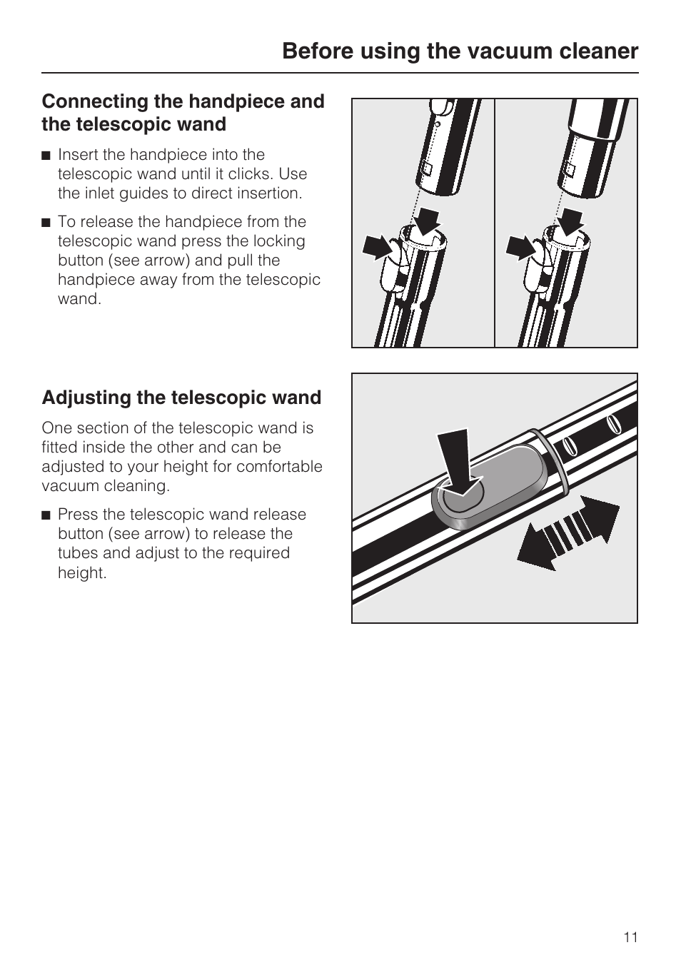 Before using the vacuum cleaner, Connecting the handpiece and the telescopic wand, Adjusting the telescopic wand | NEC S 5000 User Manual | Page 11 / 44