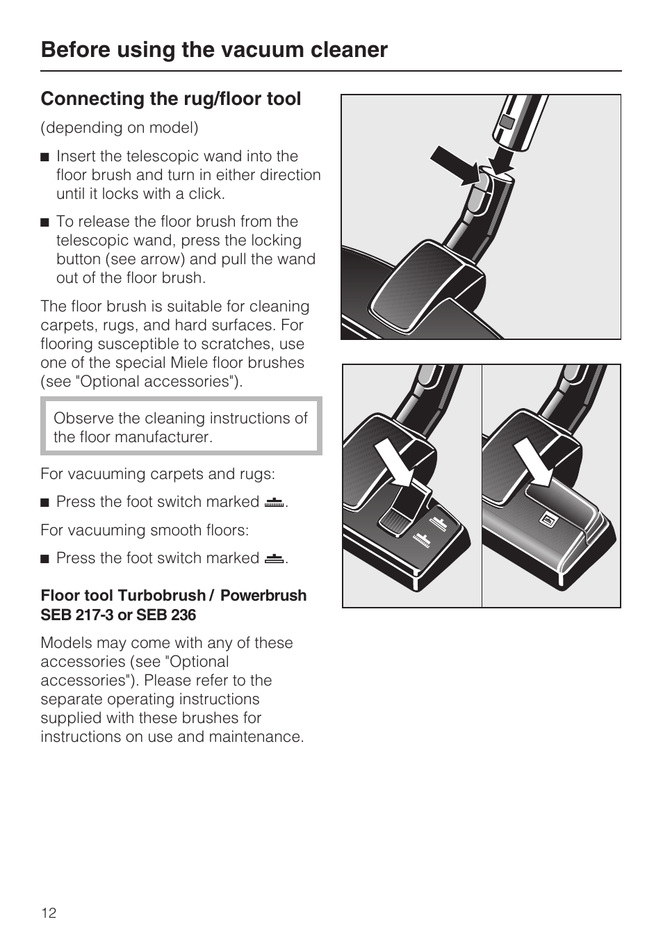Before using the vacuum cleaner, Connecting the rug/floor tool | NEC S 5000 User Manual | Page 12 / 44