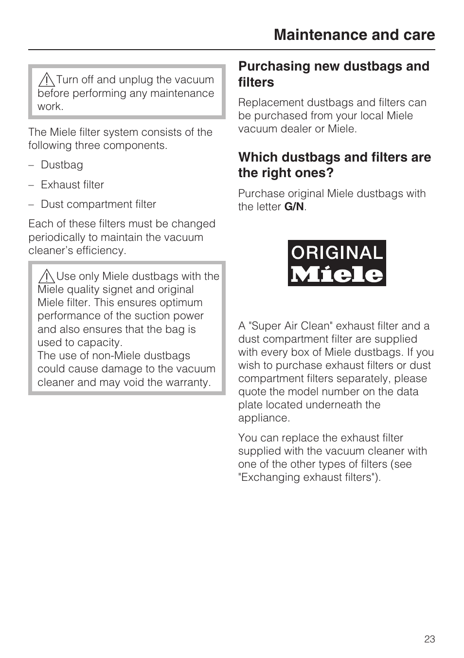 Maintenance and care 23, Purchasing new dustbags and filters 23, Which dustbags and filters are the right ones? 23 | Maintenance and care | NEC S 5000 User Manual | Page 23 / 44
