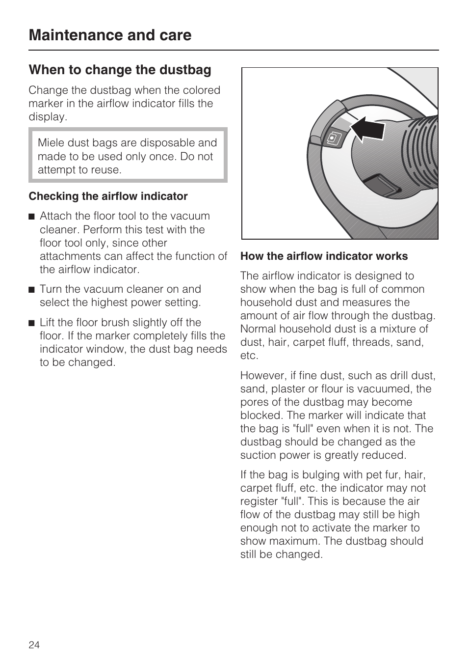 When to change the dustbag 24, Maintenance and care, When to change the dustbag | NEC S 5000 User Manual | Page 24 / 44