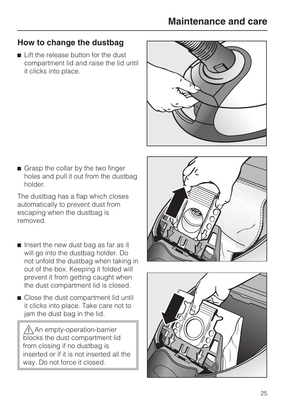 How to change the dustbag 25, Maintenance and care, How to change the dustbag | NEC S 5000 User Manual | Page 25 / 44