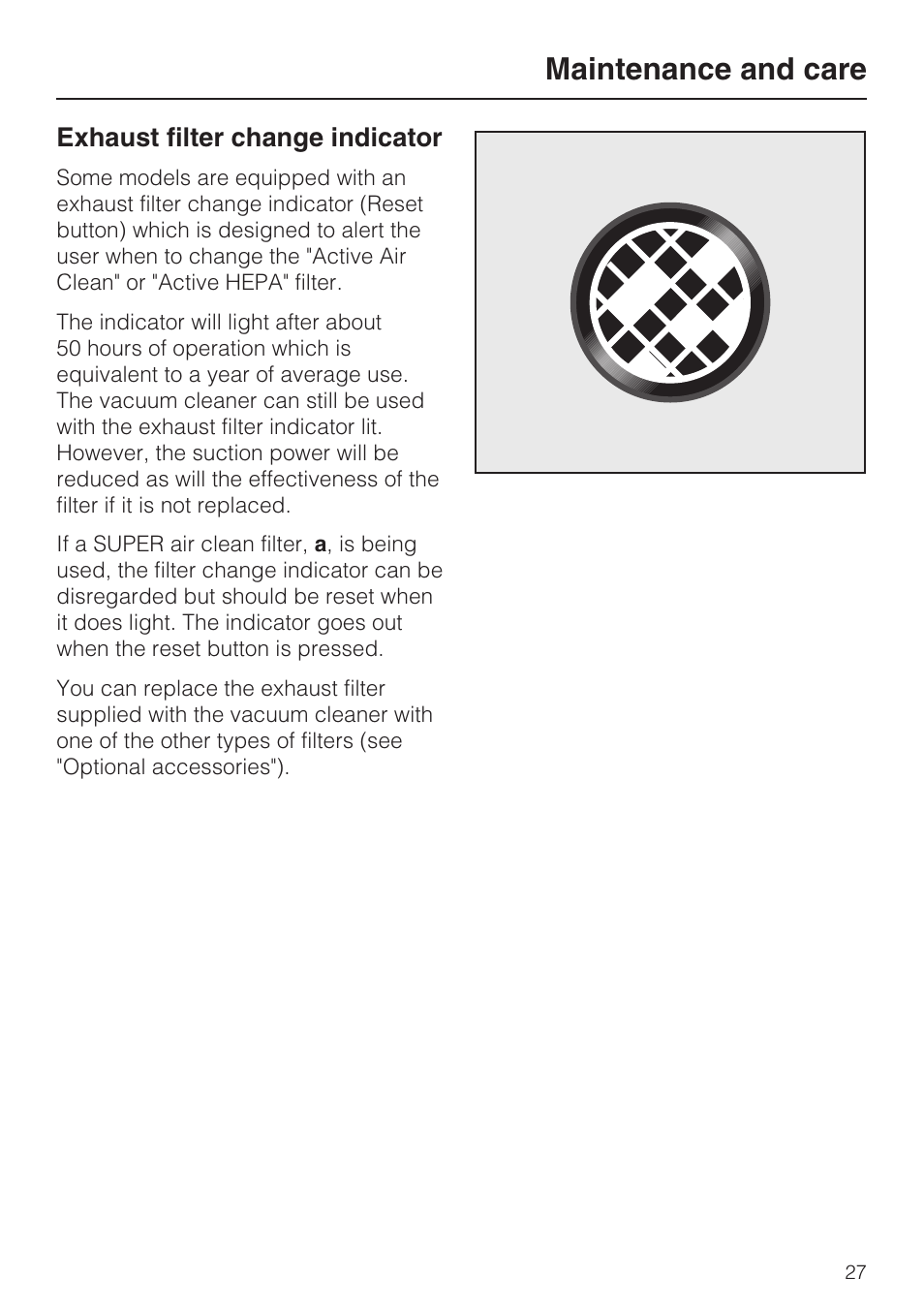 Exhaust filter change indicator 27, Maintenance and care | NEC S 5000 User Manual | Page 27 / 44