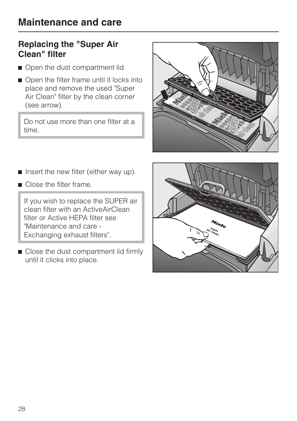 Replacing the "super air clean" filter 28, Maintenance and care, Replacing the "super air clean" filter | NEC S 5000 User Manual | Page 28 / 44