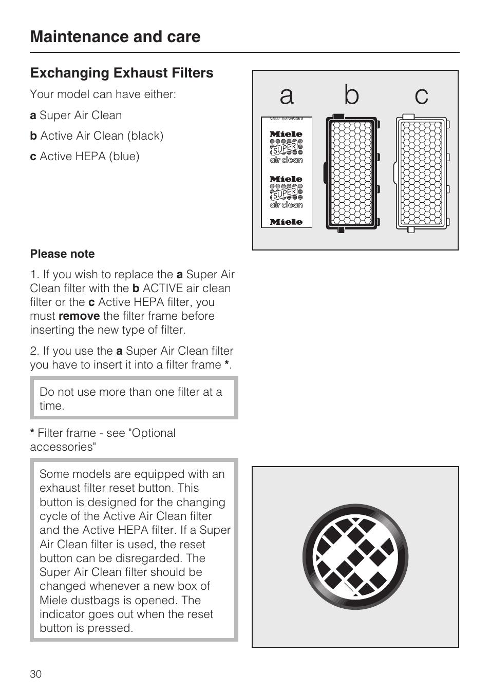 Exchanging exhaust filters 30, Maintenance and care, Exchanging exhaust filters | NEC S 5000 User Manual | Page 30 / 44