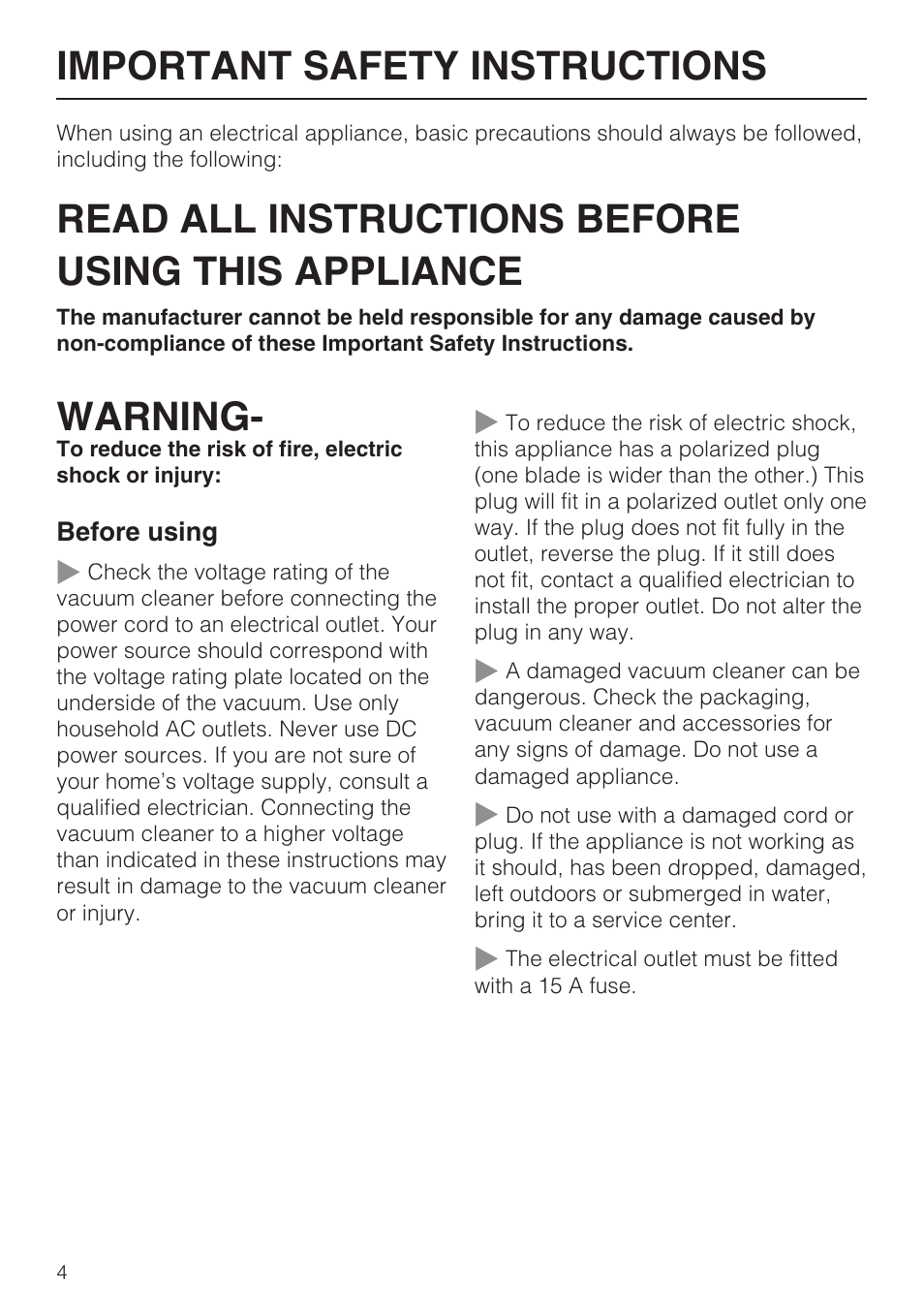 Important safety instructions 4, Read all instructions before using this appliance, Warning | Important safety instructions | NEC S 5000 User Manual | Page 4 / 44