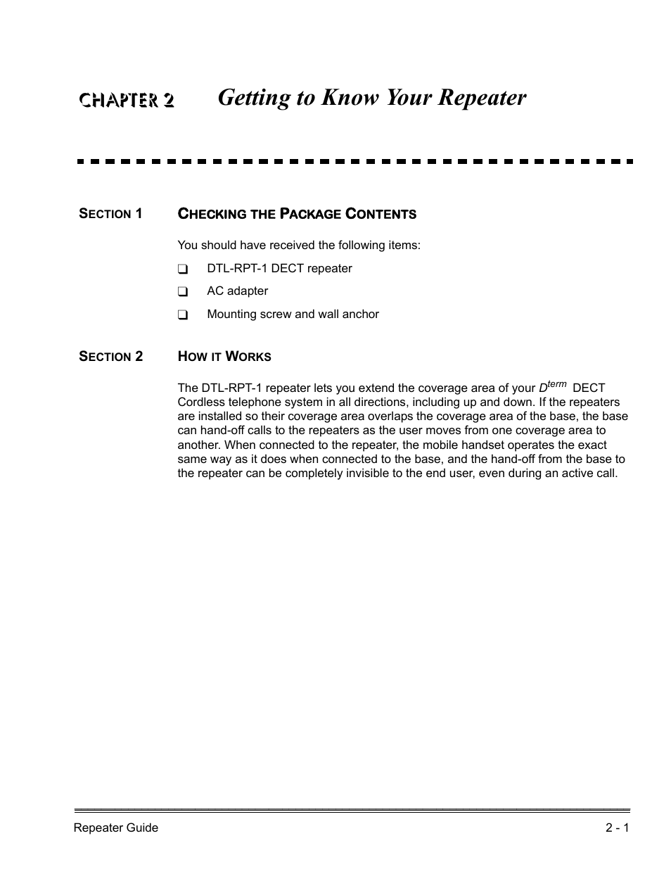 Chapter 2 getting to know your repeater, Section 1 checking the package contents, Section 2 how it works | Getting to know your repeater, Chapter 2 | NEC DTERM DTL-RPT-1 User Manual | Page 11 / 26