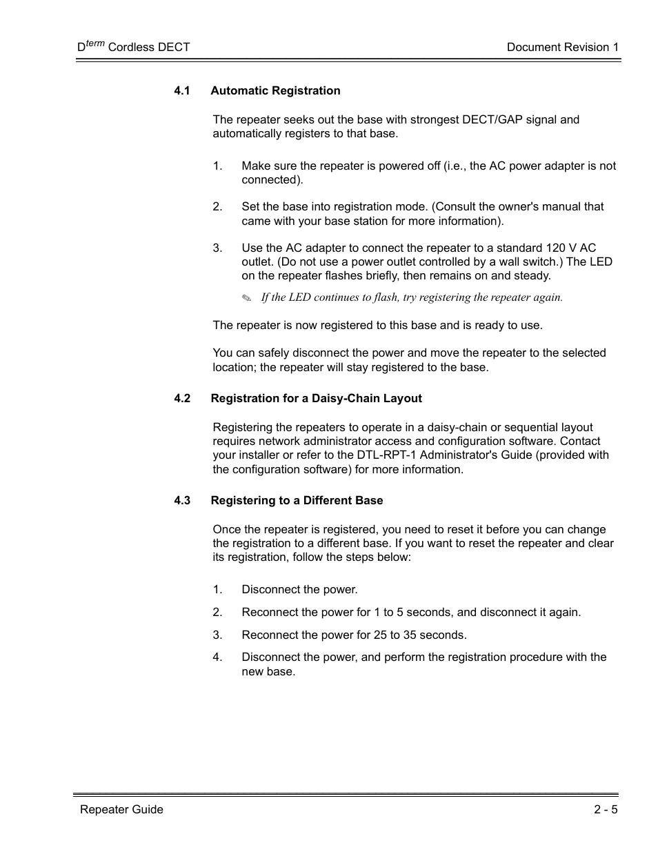 1 automatic registration, 2 registration for a daisy-chain layout, 3 registering to a different base | NEC DTERM DTL-RPT-1 User Manual | Page 15 / 26