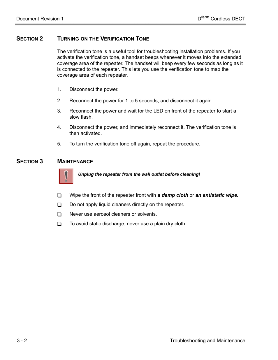 Section 2 turning on the verification tone, Section 3 maintenance | NEC DTERM DTL-RPT-1 User Manual | Page 24 / 26