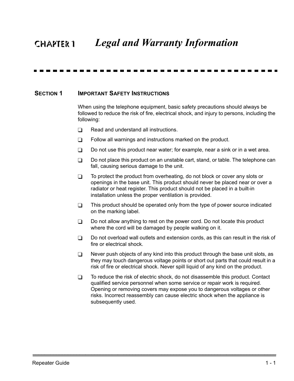 Chapter 1 legal and warranty information, Section 1 important safety instructions, Legal and warranty information | Chapter 1 | NEC DTERM DTL-RPT-1 User Manual | Page 7 / 26