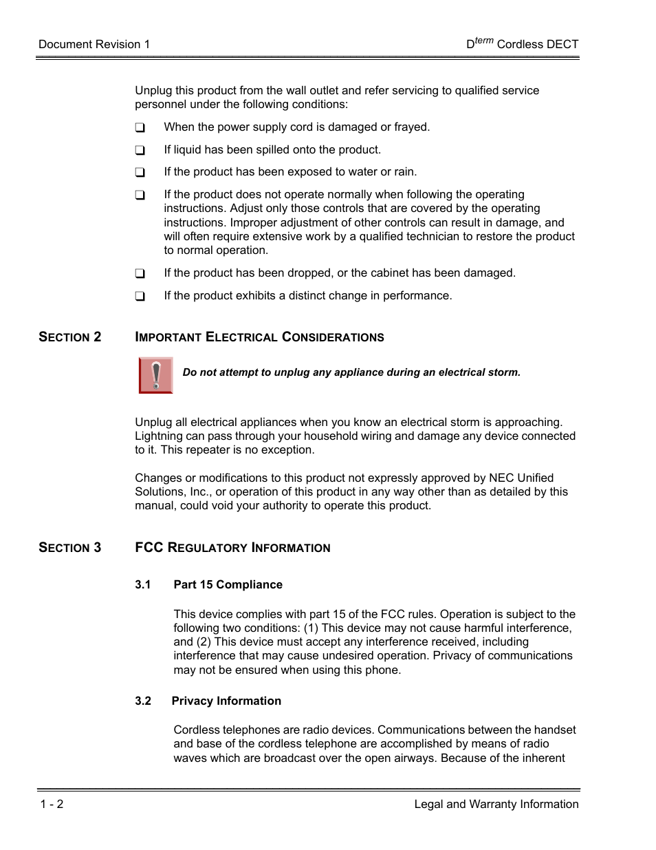 Section 2 important electrical considerations, Section 3 fcc regulatory information, 1 part 15 compliance | 2 privacy information | NEC DTERM DTL-RPT-1 User Manual | Page 8 / 26