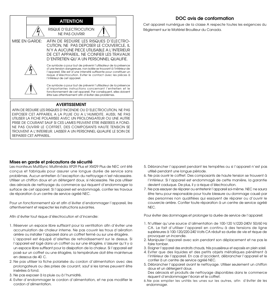 Attention, Doc avis de conformation | NEC XP29 Plus User Manual | Page 3 / 40