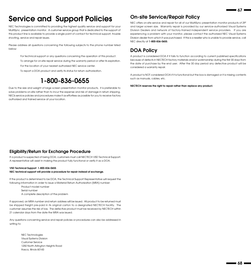 Service and support policies, On-site service/repair policy, Doa policy | 67 eligibility/return for exchange procedure | NEC XP29 Plus User Manual | Page 39 / 40