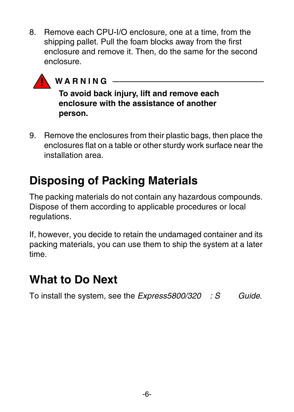 Disposing of packing materials, What to do next | NEC Express 320Fc Systems User Manual | Page 10 / 10