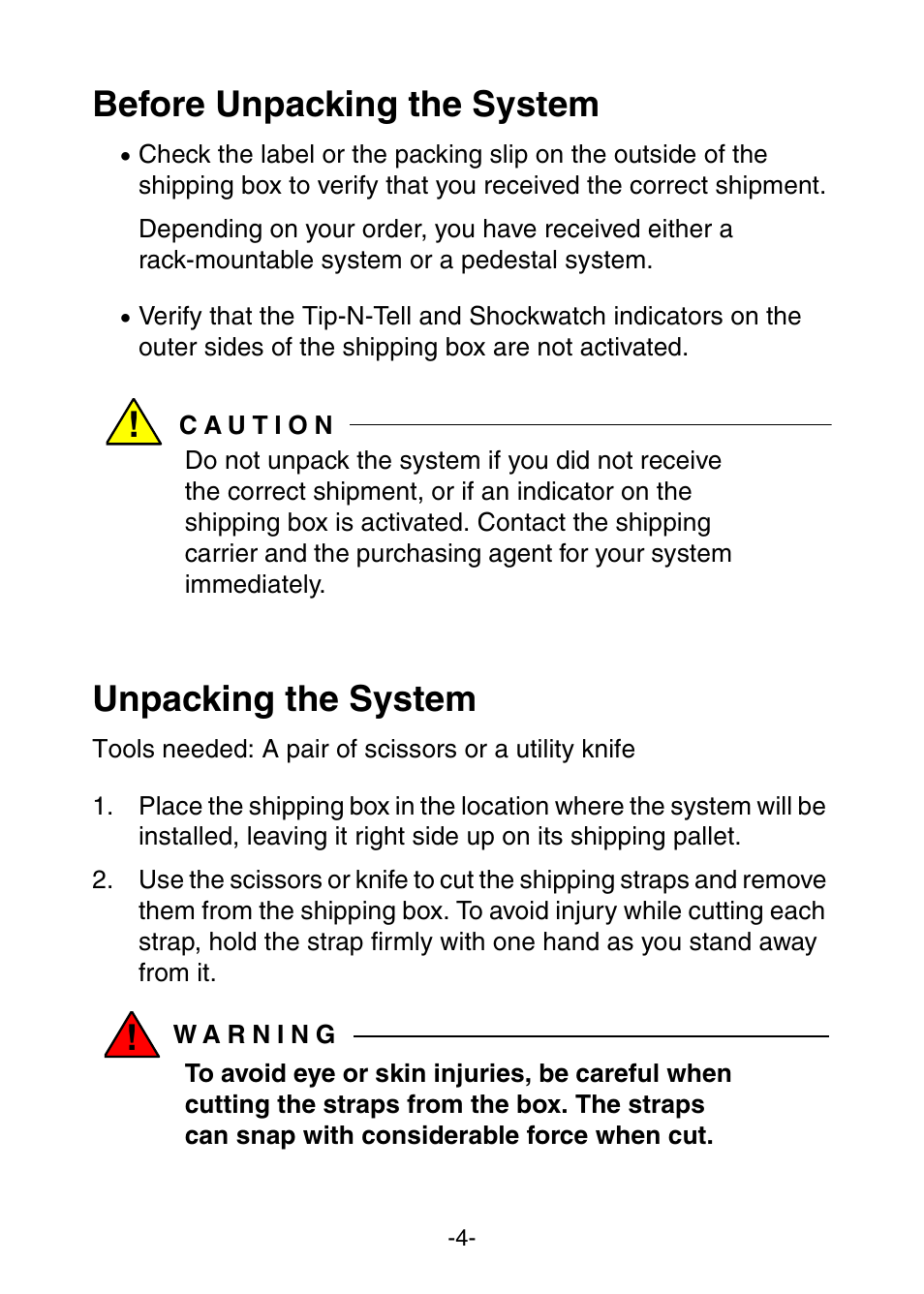 Before unpacking the system, Unpacking the system | NEC Express 320Fc Systems User Manual | Page 8 / 10