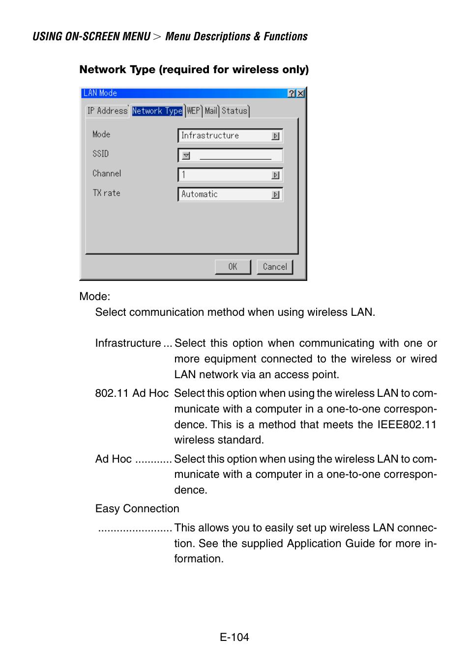 Network type (required for wireless only) | NEC LT260 User Manual | Page 104 / 149