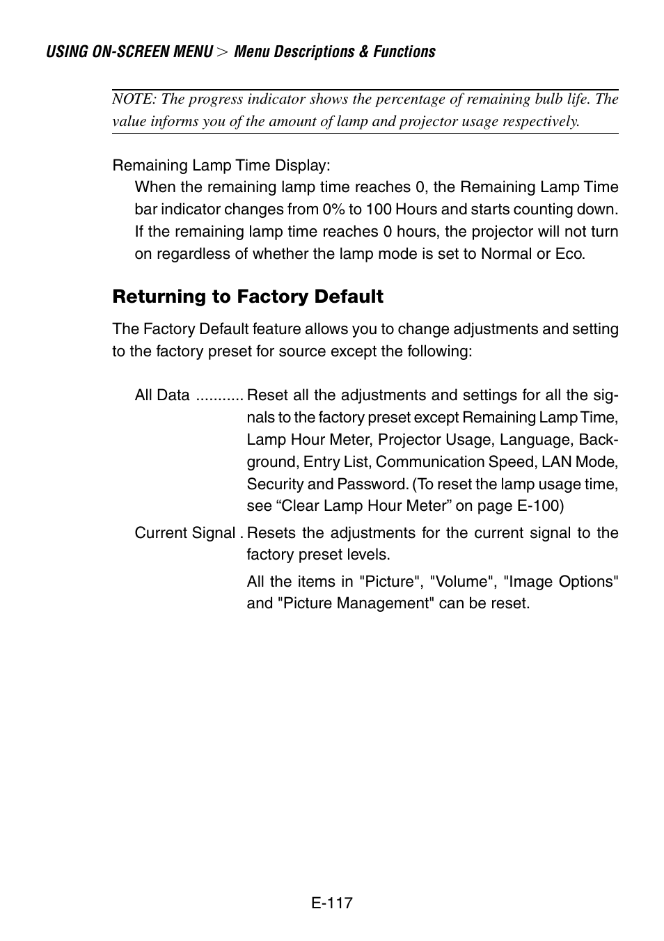 Returning to factory default | NEC LT260 User Manual | Page 117 / 149