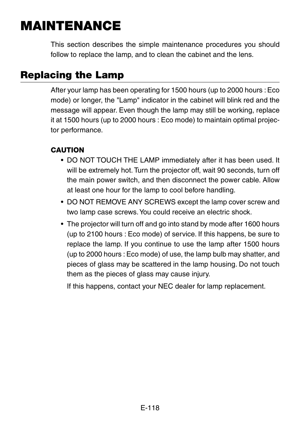 Maintenance, Replacing the lamp | NEC LT260 User Manual | Page 118 / 149