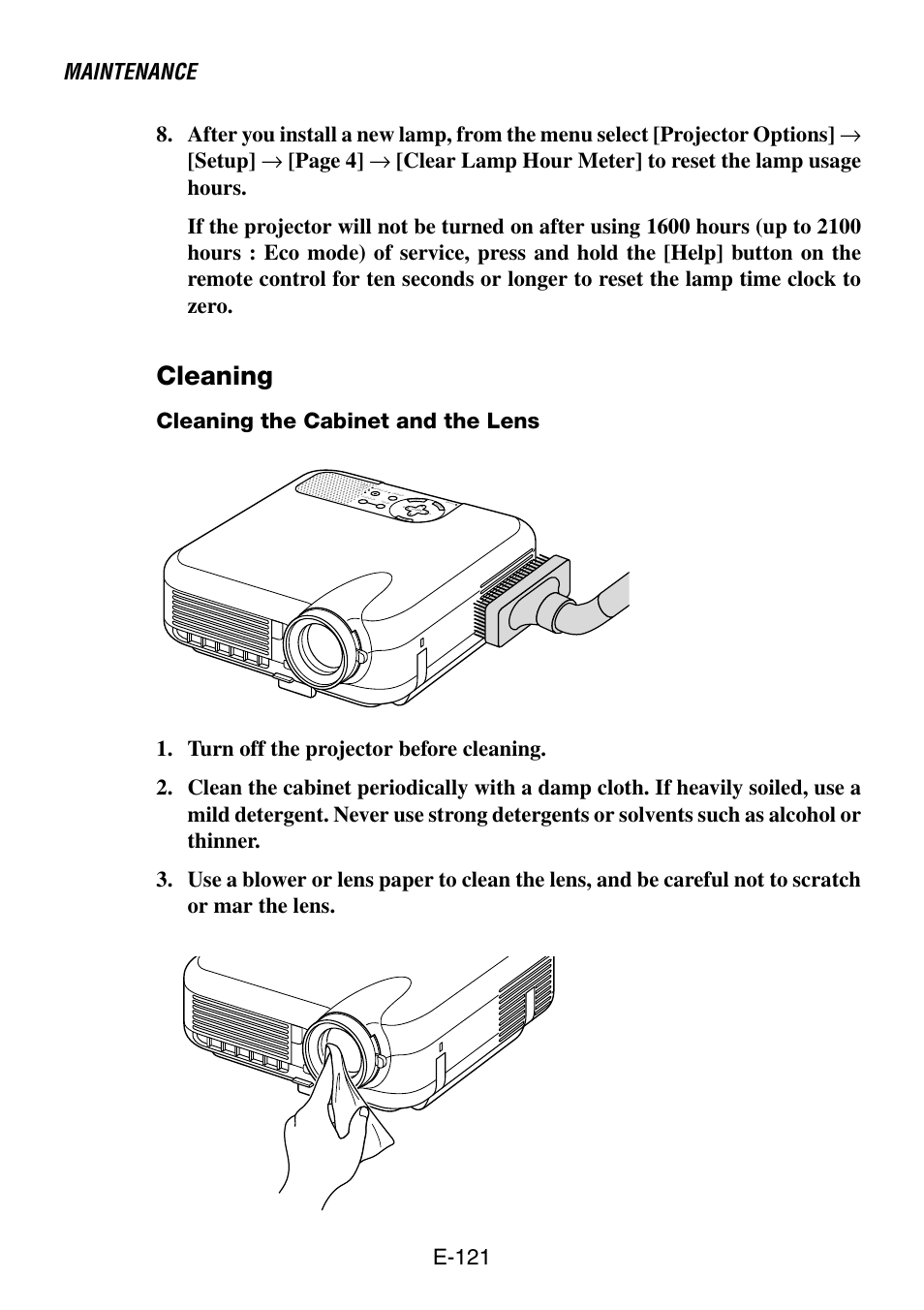 Cleaning, Maintenance, E-121 | Cleaning the cabinet and the lens, Cn a c el | NEC LT260 User Manual | Page 121 / 149